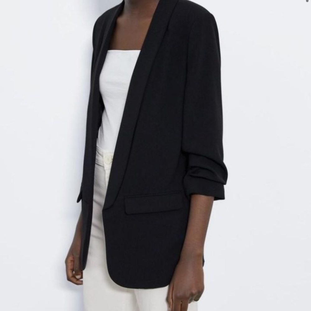 Zara Black Open Front Cinched 3/4 Sleeve Blazer - Picture 7 of 16